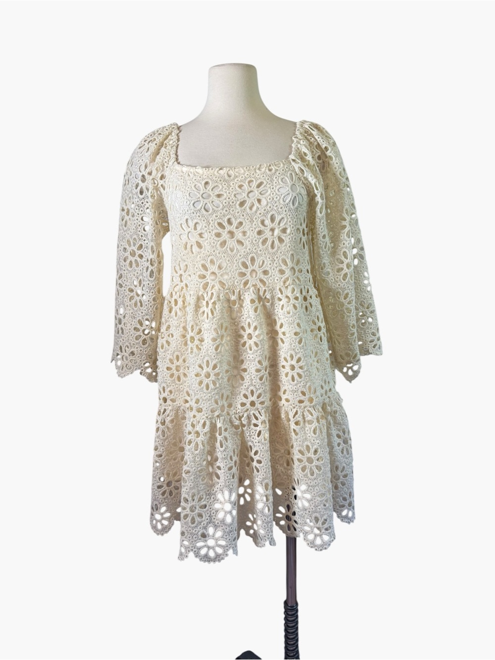 Womens Cream Crochet Lace Tiered Dress